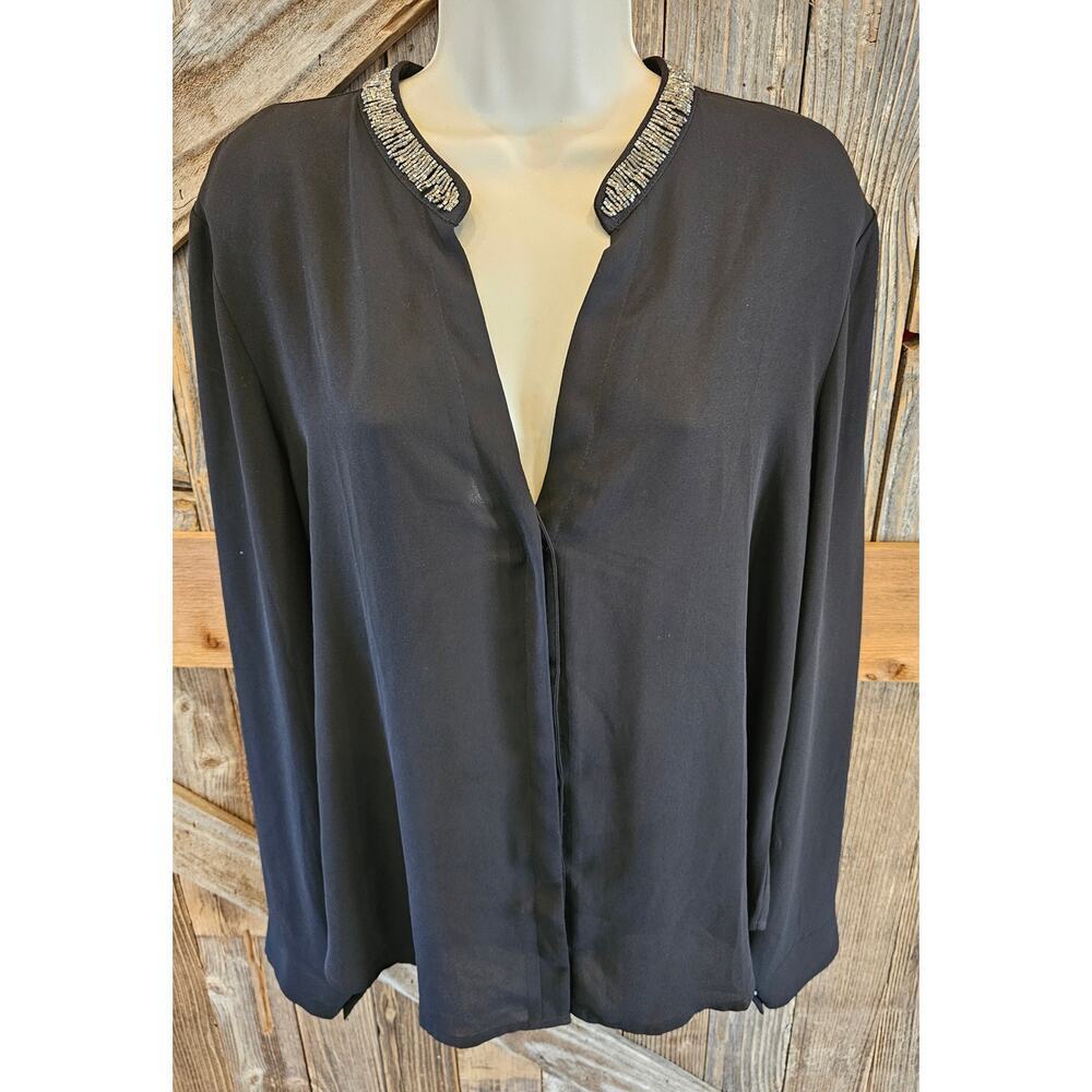 Astr large glam beaded silver collar open back black top dressy EUC long sleeve